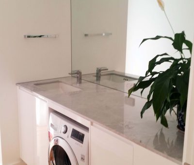 Laundry room with a white washing machine beneath a gray countertop. A tall green plant sits on the counter, reflecting in a large mirror.