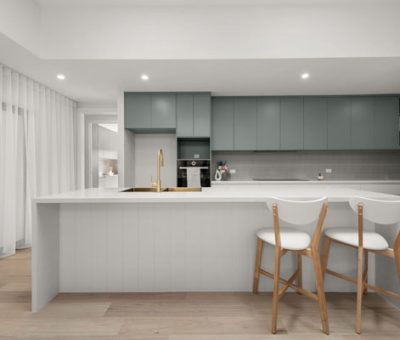 “Contemporary kitchen design featuring a sleek white island, soft green cabinetry, and warm timber accents.”